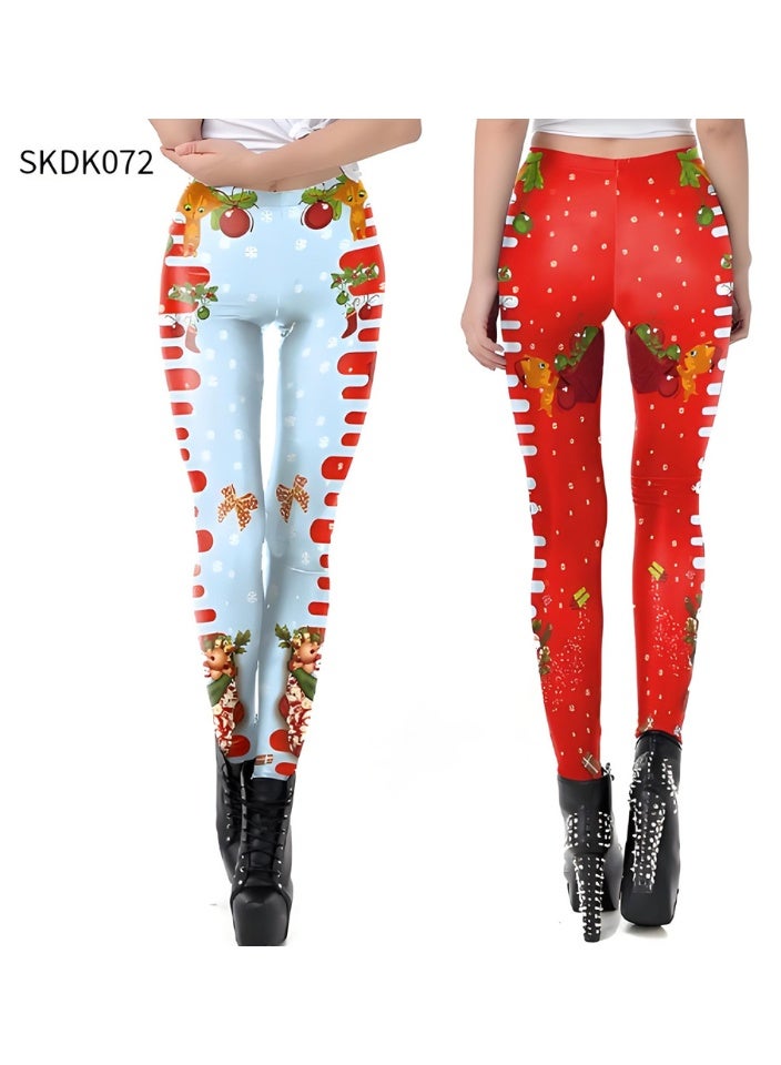 إسكدنيا النساء مطبوعة عيد الميلاد ملابس عالية الخصر عيد الميلاد ضيق العطلة بنطلون رقيقة - Image 2