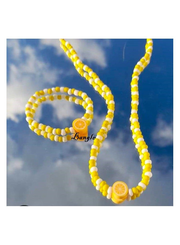 Fashion Choker Lemon Beads Rubber Stick Necklace And Bracelet White, Red & Green