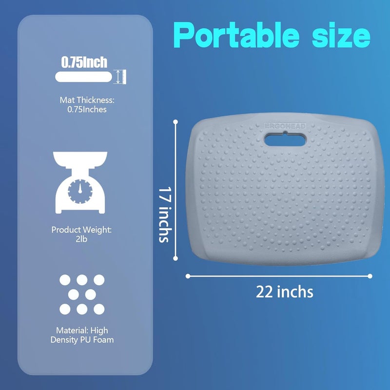 ergohead 3/4 inch Anti Fatigue Standing Desk Mat, Portable Small Standing Pad with Handle, Waterproof Kitchen Floor Mat with Massage Points, Multi-Purpose Comfort Floor Mat (Denim, 17" x 22") - Image 4