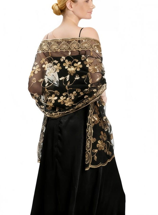 YIJODM Women's Sparkling Sequin 1920s Shawls and Wraps Wedding Scarf for Bride Evening Party Dress, Black Gold, 190*60CM - Image 3