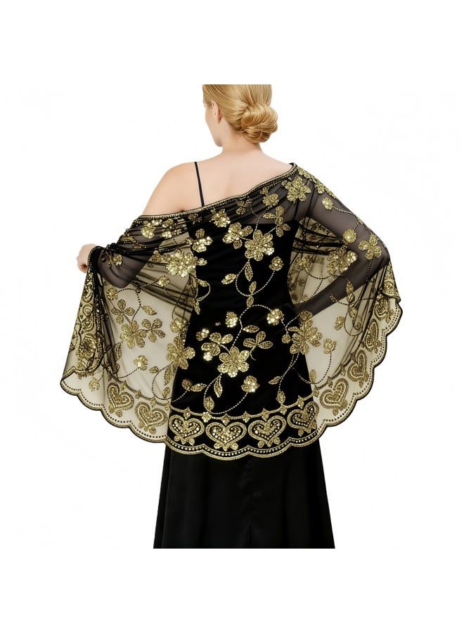 YIJODM Women's Sparkling Sequin 1920s Shawls and Wraps Wedding Scarf for Bride Evening Party Dress, Black Gold, 190*60CM - Image 1