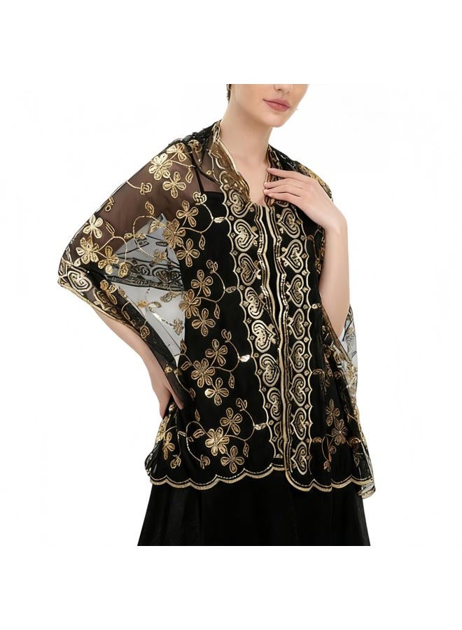 YIJODM Women's Sparkling Sequin 1920s Shawls and Wraps Wedding Scarf for Bride Evening Party Dress, Black Gold, 190*60CM - Image 2