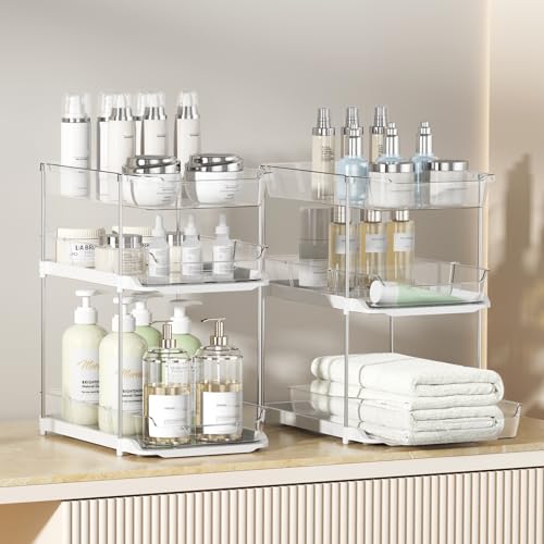Delamu 2 Sets of 3Tier Bathroom Under Sink Organizers and Storage MultiPurpose Stackable Pantry Organization and Storage Pull Out Clear Kitchen Bathroom Cabinet Organizer with Movable Dividers - Image 3