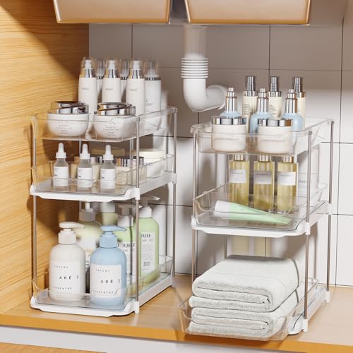 Delamu 2 Sets of 3Tier Bathroom Under Sink Organizers and Storage MultiPurpose Stackable Pantry Organization and Storage Pull Out Clear Kitchen Bathroom Cabinet Organizer with Movable Dividers - Image 1