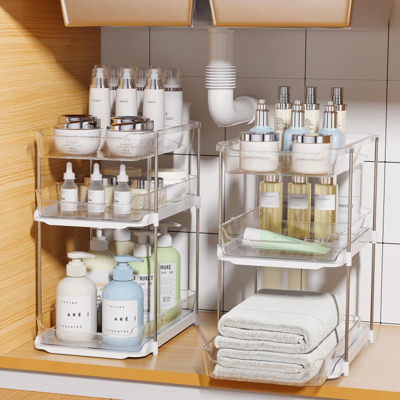 Delamu 2 Sets of 3Tier Bathroom Under Sink Organizers and Storage MultiPurpose Stackable Pantry Organization and Storage Pull Out Clear Kitchen Bathroom Cabinet Organizer with Movable Dividers - Image 2