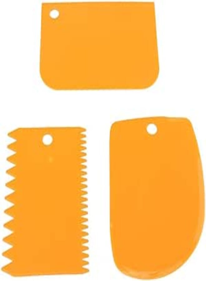 Lasenersm 3 Pieces Dough Bowl Cake Plastic Cutter With Jagged, Curved, and Flat Edges - Multipurpose Food Scraper for Bread, Fondant, Icing - Orange