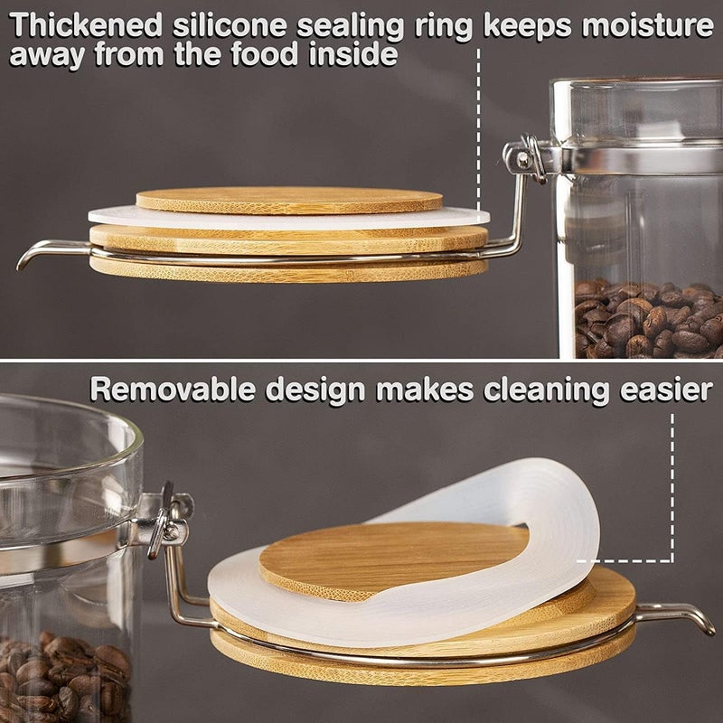 Yangbaga Glass Coffee Sugar Containers with Shelf, 3 x 45 OZ Coffee Bean Storage Station Organizer with Airtight Locking Clamp and Coffee Bamboo Scoop, Large Capacity Food Storage Jar for Kitchen - Image 3