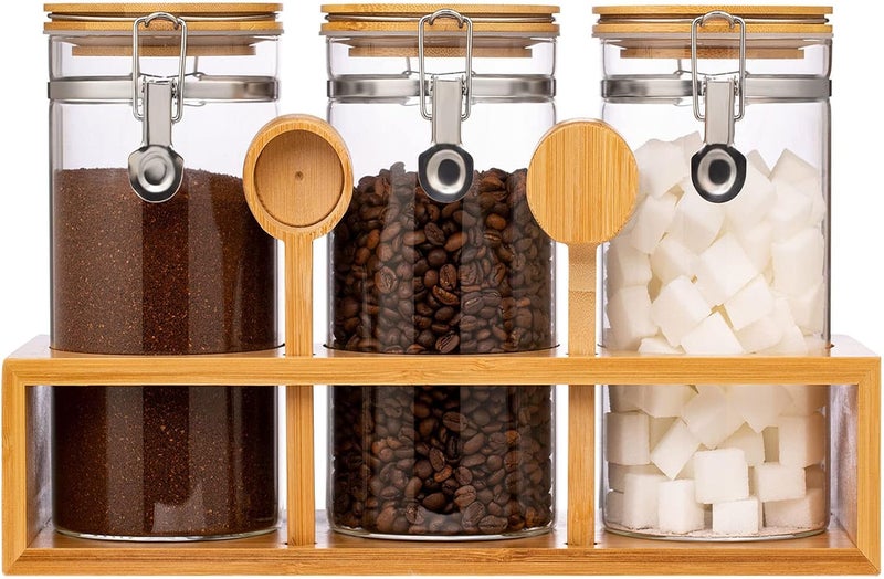 Yangbaga Glass Coffee Sugar Containers with Shelf, 3 x 45 OZ Coffee Bean Storage Station Organizer with Airtight Locking Clamp and Coffee Bamboo Scoop, Large Capacity Food Storage Jar for Kitchen - Image 1