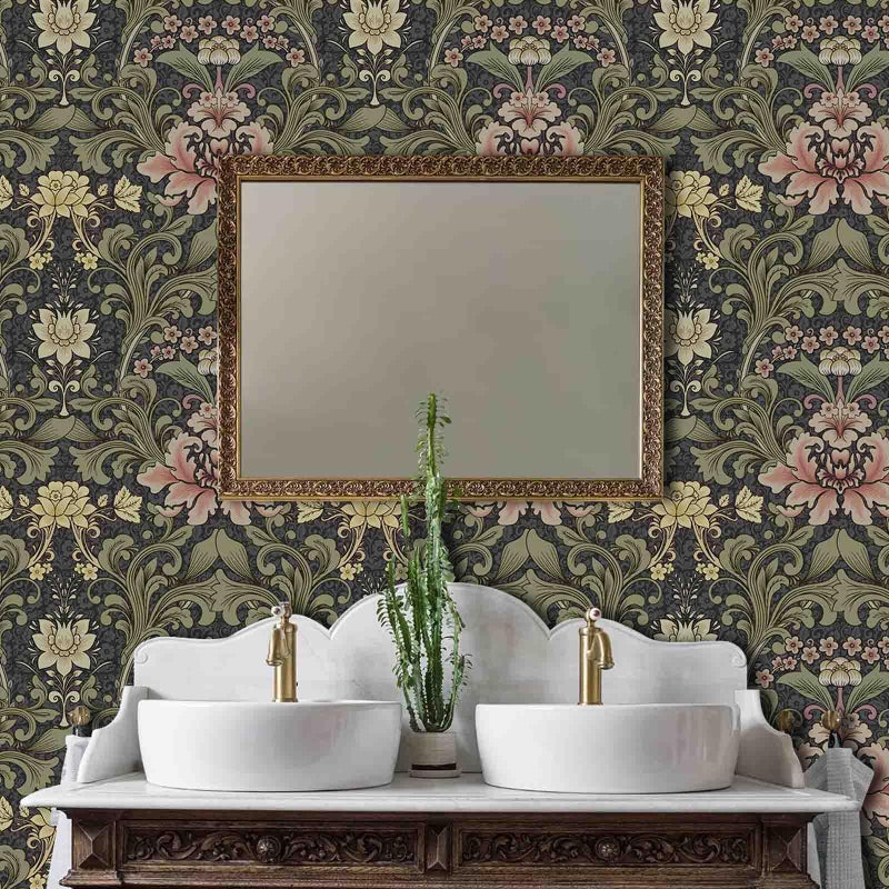 Abyssaly Vintage Floral Peel and Stick Wallpaper, Dark Green Mid Century Moody Contact Paper, Removable Self-Adhesive William Morris Flower Wall Murals for Bathroom Bedroom Home Decor 17.3in x 118in - Image 2