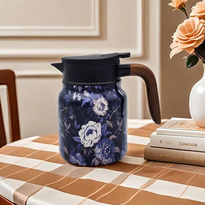 MofivKce 1000ml Smart Temperature Control Vintage Floral Tea Thermos Stainless Steel Insulated Mug with Built-In Filter Double Wall Vacuum Travel Tumbler for Hot Cold Drinks (White Snow Tower) - Image 2