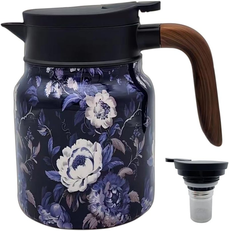MofivKce 1000ml Smart Temperature Control Vintage Floral Tea Thermos Stainless Steel Insulated Mug with Built-In Filter Double Wall Vacuum Travel Tumbler for Hot Cold Drinks (White Snow Tower) - Image 1