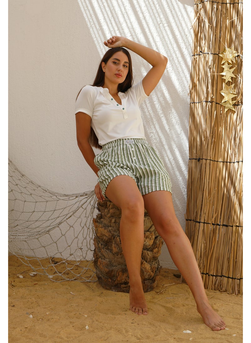 Wasan White Cotton with Green Stripes Short PJ Set - Image 2