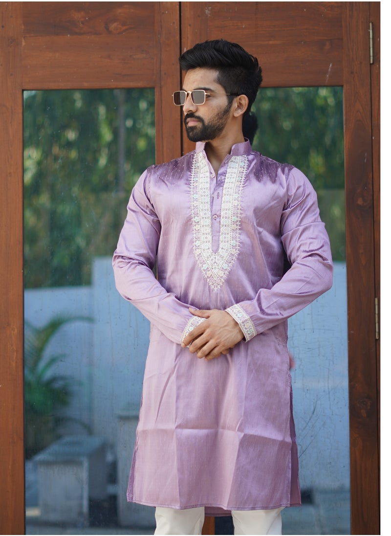 Super Asian - Premium Looking Designer Men's Kurta Set – Shiny Silk with Fabulous Coding Work & Cotton Pajama - Image 1