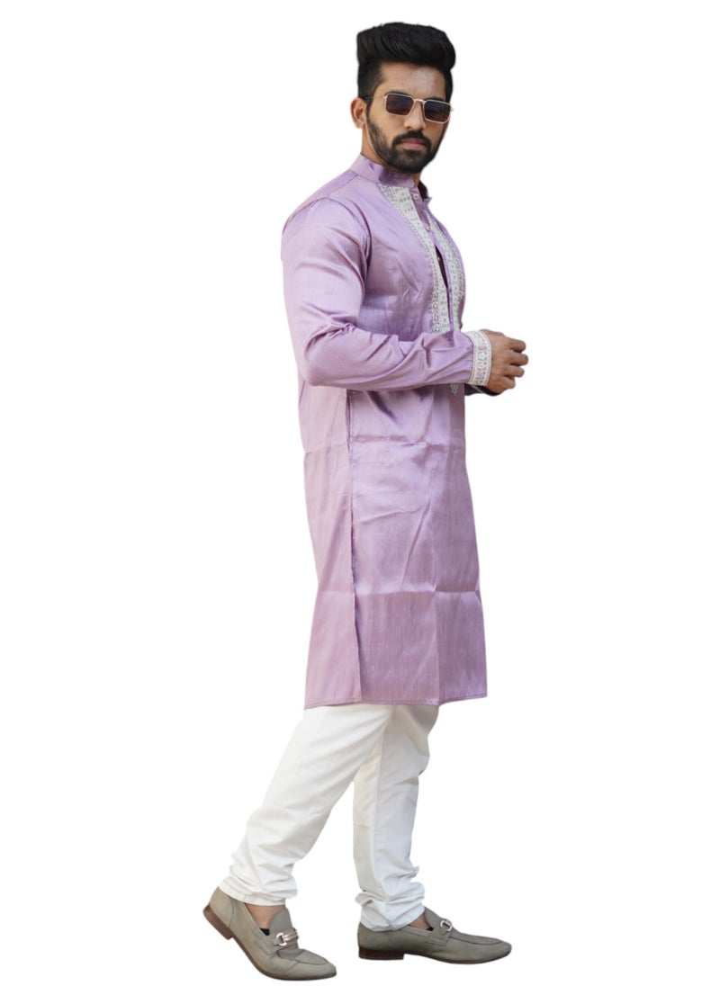 Super Asian - Premium Looking Designer Men's Kurta Set – Shiny Silk with Fabulous Coding Work & Cotton Pajama - Image 1
