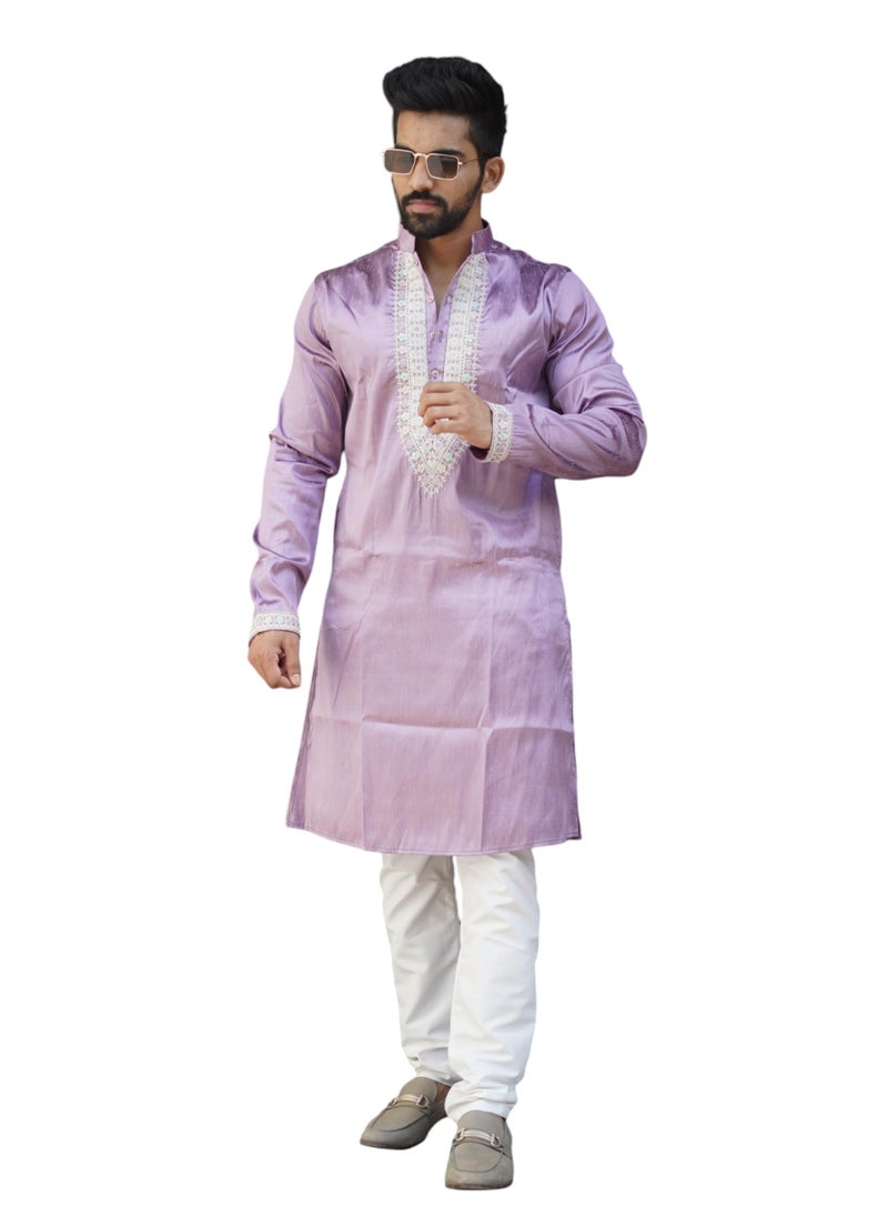 Super Asian - Premium Looking Designer Men's Kurta Set – Shiny Silk with Fabulous Coding Work & Cotton Pajama - Image 1