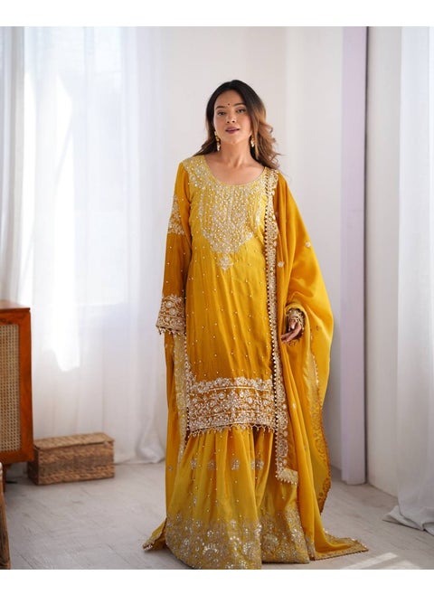 Grace Unfolded: Chinnon Palazzo Suit with All-Over Embroidery & Pearl Accents