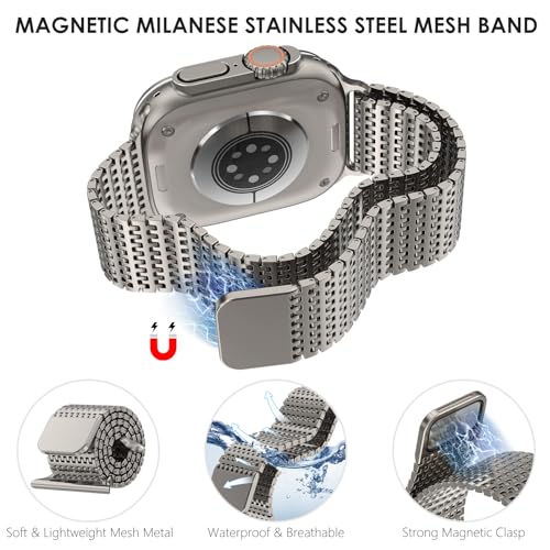 WINGLE Milanese Loop for Apple Watch Band Ultra 3/2/1 Band Ultra 49mm Series 11 10 46mm 45mm 44mm 42mm SE 3/2/1 9 8 7 6 5 4 3 Men Magnetic Metal Mesh Stainless Steel Apple Watch iWatch Bands, Titanium - Image 2