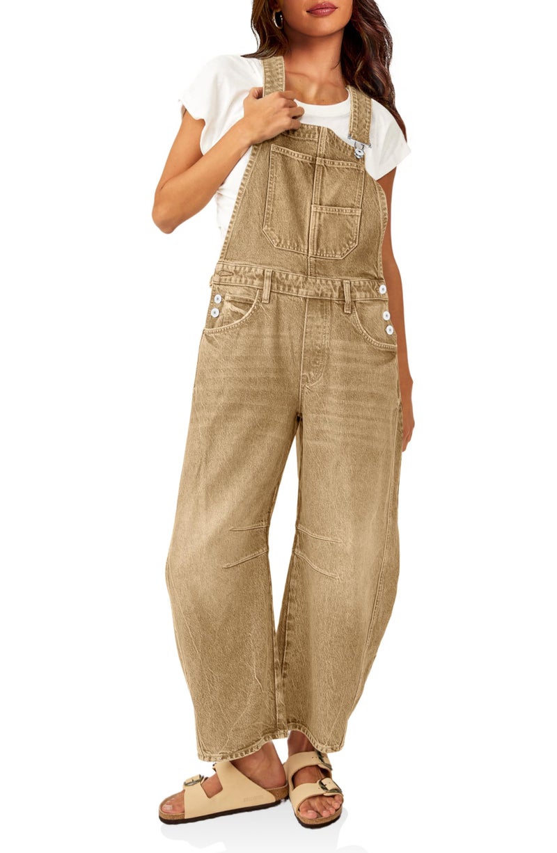 PLNOTME Womens Denim Bib Overalls Barrel Leg Adjustable Strap Jean Pants Jumpsuits with Pockets - Image 1