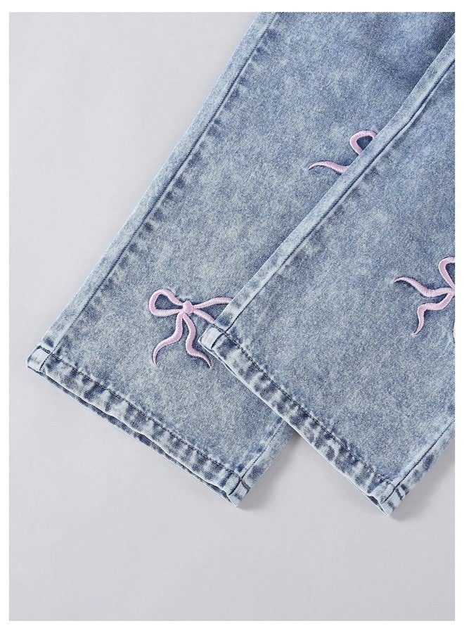 ميك ميشيك بنطلون جينز بناتي من MakeMeChic، بخصر مطاطي، بنطلون جينز لطيف مع جيوب، لون فاتح، مقاس 6 سنوات - Image 4