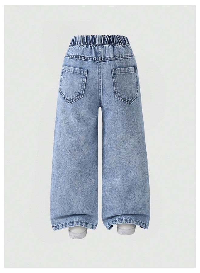 ميك ميشيك بنطلون جينز بناتي من MakeMeChic، بخصر مطاطي، بنطلون جينز لطيف مع جيوب، لون فاتح، مقاس 6 سنوات - Image 2