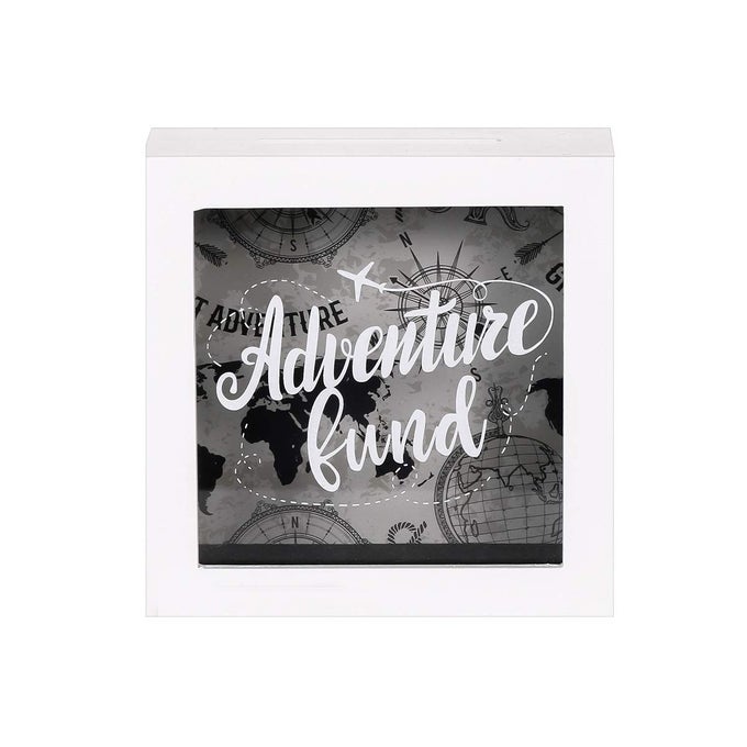 6X6 INCH ADVENTURE FUND WHITE SHADOW BOX FRAME DISPLAY CASE DECORATIVE WOODEN MONEY SAVINGS BANK TRAVEL FUND BOX MEMORY BOX WITH WORLD MAP BACKGROUND