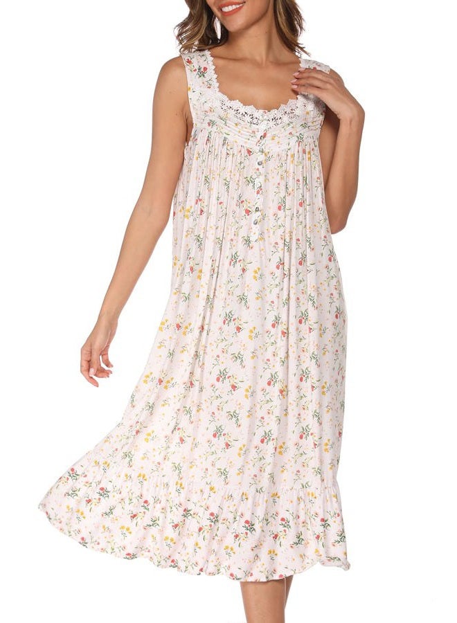 AVIIER Cotton Nightgowns for Women Sleeveless House Dress Ladies Long Nightdress with Pockets S-XXL, White Flowers, M - Image 1