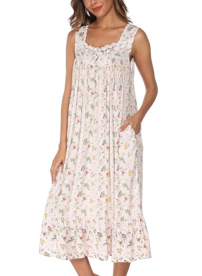 AVIIER Cotton Nightgowns for Women Sleeveless House Dress Ladies Long Nightdress with Pockets S-XXL, White Flowers, M - Image 4