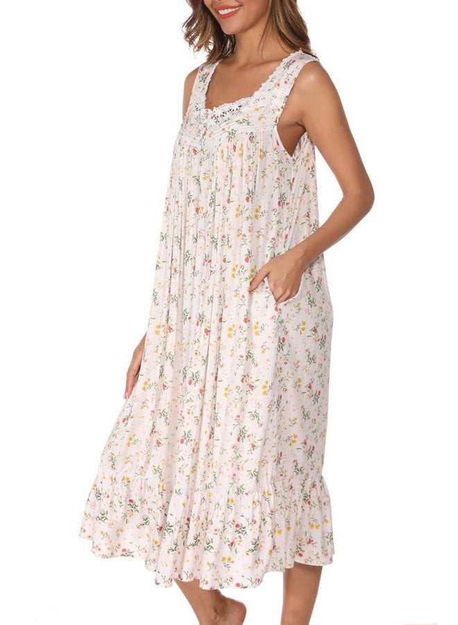 AVIIER Cotton Nightgowns for Women Sleeveless House Dress Ladies Long Nightdress with Pockets S-XXL, White Flowers, M - Image 3