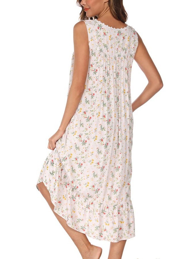 AVIIER Cotton Nightgowns for Women Sleeveless House Dress Ladies Long Nightdress with Pockets S-XXL, White Flowers, M - Image 5