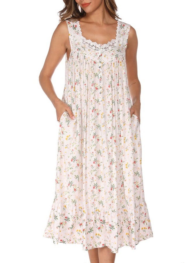 AVIIER Cotton Nightgowns for Women Sleeveless House Dress Ladies Long Nightdress with Pockets S-XXL, White Flowers, M - Image 2