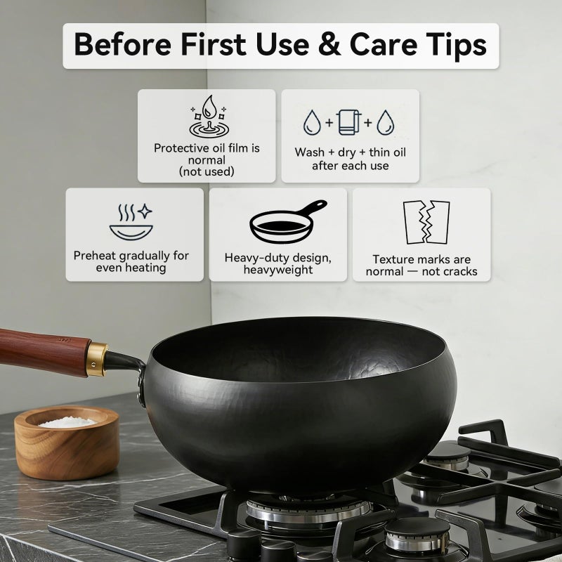 WANGYUANJI 9.5" Carbon Steel Wok - [Heavy-Duty & Thickened Base] - Deep Bowl Stir Fry Pan for Induction, Electric & Gas - Warp-Resistant, Splatter-Free Design with Lid (1-2 Person) - Image 2