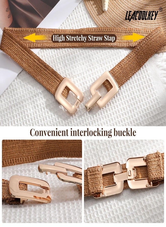 LEACOOLKEY Woven Straw Waist Belt for Women Boho Belt for Dress Braided Wide Stretch Belt - Image 5
