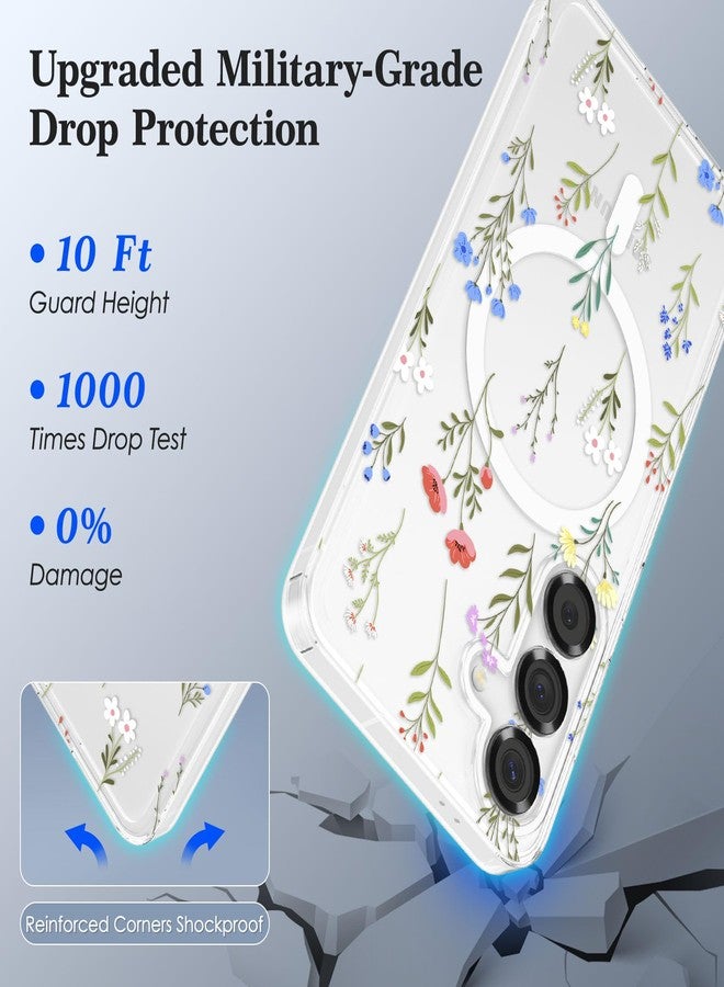 RALEAVO Case for Samsung Galaxy S25 Plus 5G, [Compatible with Magsafe] Magnetic Protective Shockproof Case with Floral Pattern, Clear Silicone Anti-Yellow Case for Samsung Galaxy S25 Plus - White - Image 5