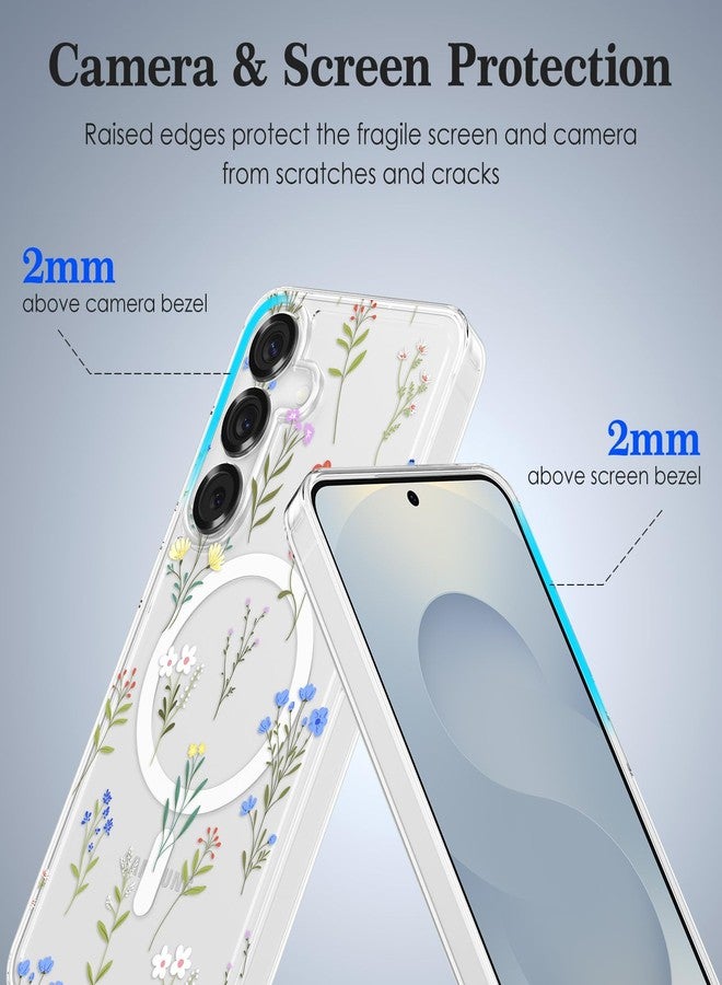 RALEAVO Case for Samsung Galaxy S25 Plus 5G, [Compatible with Magsafe] Magnetic Protective Shockproof Case with Floral Pattern, Clear Silicone Anti-Yellow Case for Samsung Galaxy S25 Plus - White - Image 3