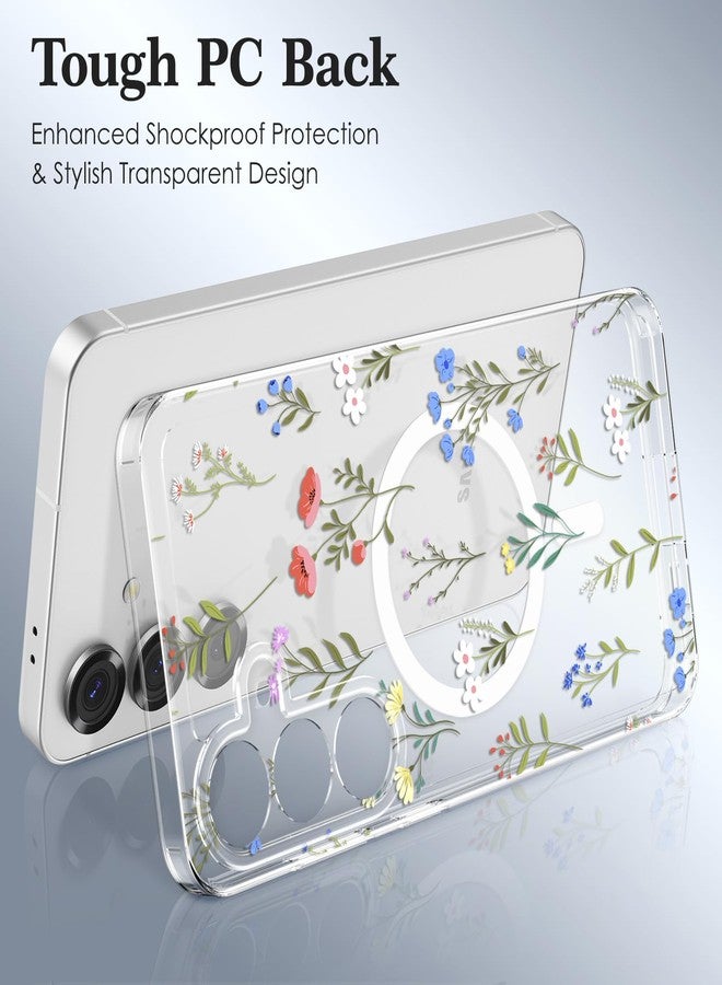 RALEAVO Case for Samsung Galaxy S25 Plus 5G, [Compatible with Magsafe] Magnetic Protective Shockproof Case with Floral Pattern, Clear Silicone Anti-Yellow Case for Samsung Galaxy S25 Plus - White - Image 2