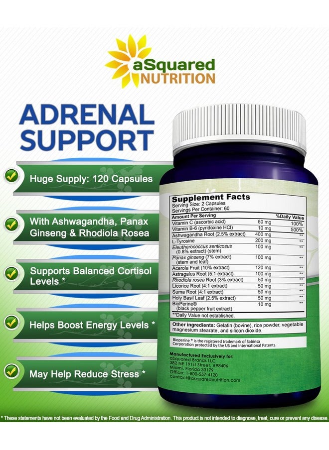aSquared Nutrition - Adrenal Support & Cortisol Manager Supplement (120 Capsules) Adrenal Health W/ Vitamin C Complex Pills To Support Fatigue & Stress Relief Ashwagandha Ltyrosine Rhodiola & Ginseng - Image 1