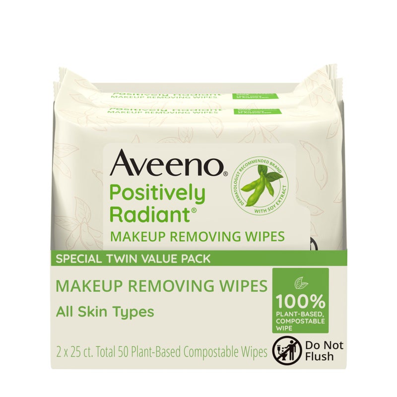 Aveeno Positively Radiant Alcohol Free Makeup Removing Face Wipes, Gentle Non-Comedogenic Facial Cleansing, 100% Plant Based Home Compostable, Sulfate Free, 50 Count (2 Packs of 25) - Image 1