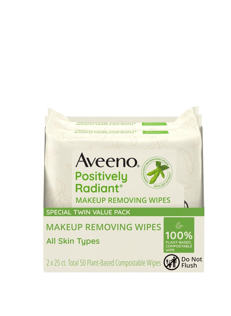 Aveeno Aveeno Positively Radiant Oil-Free Makeup Removing Face Wipes to Help Even Skin Tone and Texture with Moisture-Rich Soy Extract, Gentle Facial Cleansing Wipes, Twin Pack, 2 x 25 ct. - Image 1