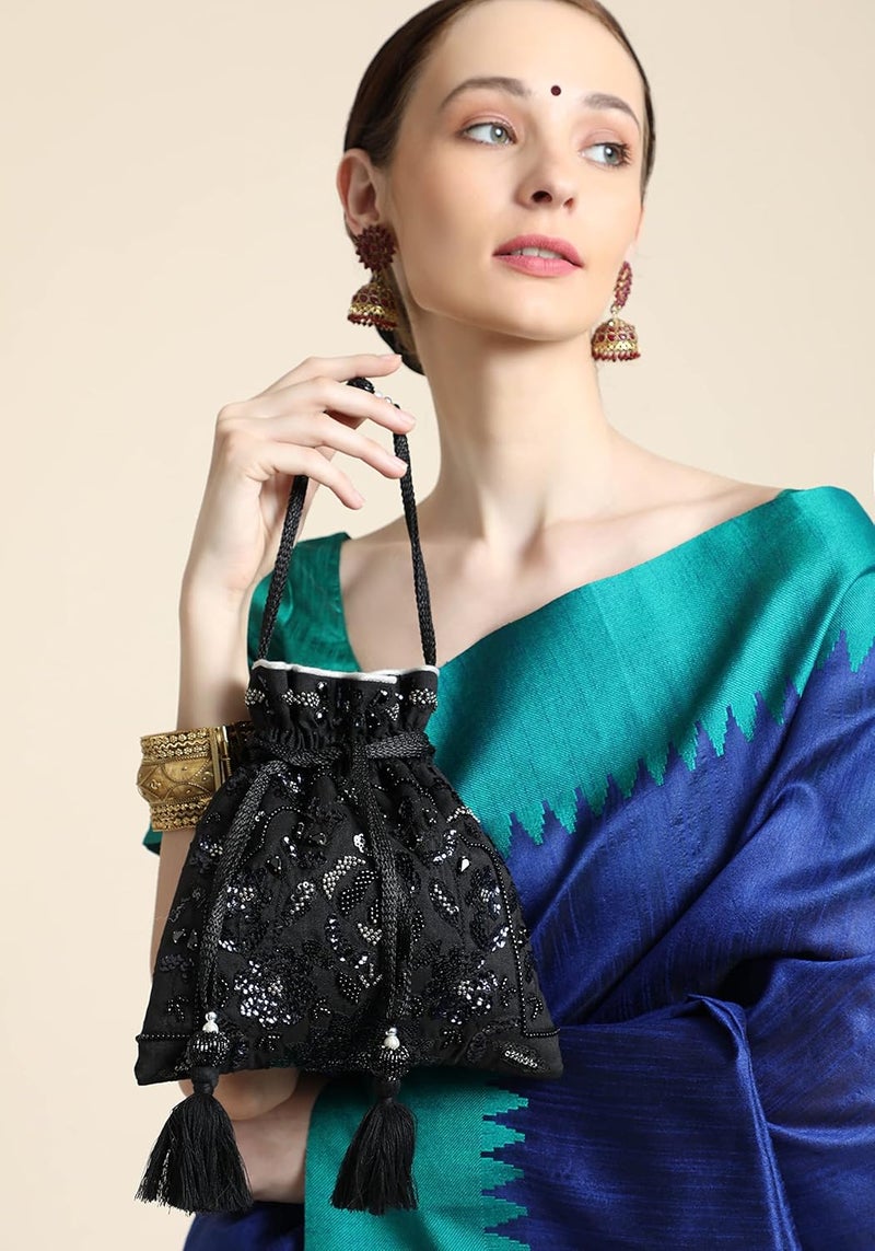 MASQ by Q-One Embroidered Silk Potli Bags - Handcrafted for Weddings, Festive Season & Special Occasions with Beads and Sequins - Made in India - Image 3
