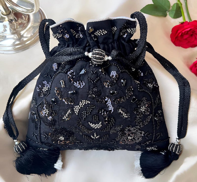 MASQ by Q-One Embroidered Silk Potli Bags - Handcrafted for Weddings, Festive Season & Special Occasions with Beads and Sequins - Made in India - Image 2
