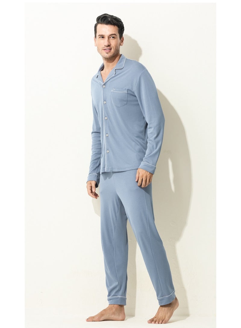 Loquat Men's Casual Long Sleeve Lapel Shirt And Pants Set 2-Piece Set Skin-Friendly Pyjamas Sleepwear Lounge Wear Dusty Blue  - Image 1