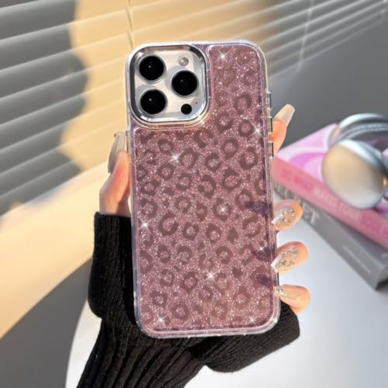 Compatible with Case Cute Cool Glitter Leopard Print Cheetah Sparkle Bling for Girl Women Plating Camera Edge Shockproof Protective Cover - Image 5