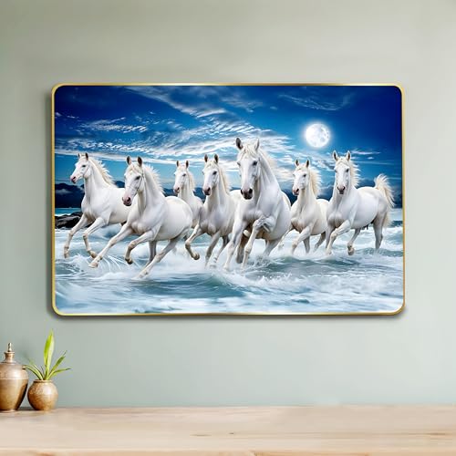 Goelite 7 Horses Realistic Painting With Frame For Wall Vastu | Seven Running Horse Painting For Wall Decor Living Room Decoration | Big Size Photo Frame - Image 1