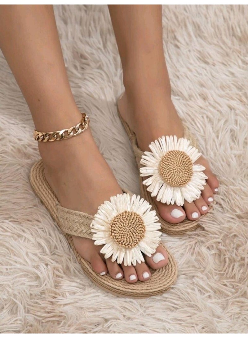 SHEIN-Linen Flower Decor Flip Flops Khaki Slippers - Image 2