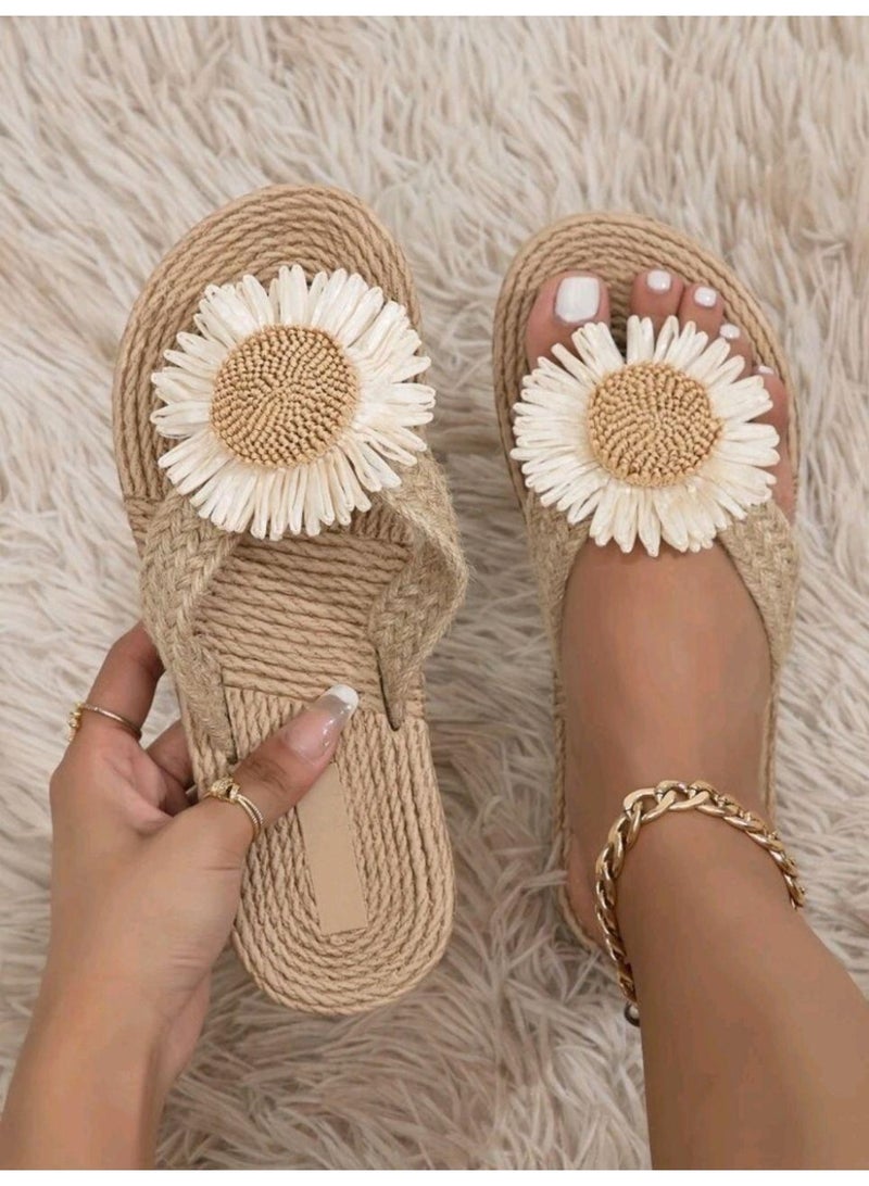 SHEIN-Linen Flower Decor Flip Flops Khaki Slippers - Image 1