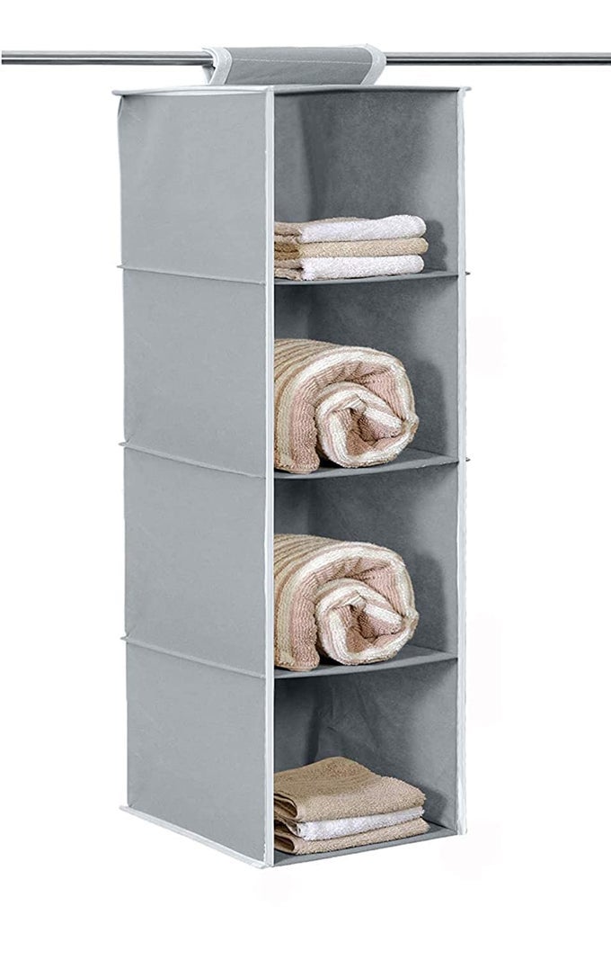 NON WOVEN HANGING 4 SHELVES FOLDABLE WARDROBE CLOSET CLOTH ORGANIZER HANGING SHELF ORGANIZER GREY WOODENGINEERED WOODPACK OF 1