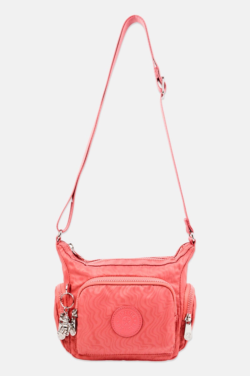 kipling حقيبة كتف نسائية بشعار العلامة التجارية مع حلقة مفاتيح، وردي قديم - Image 1