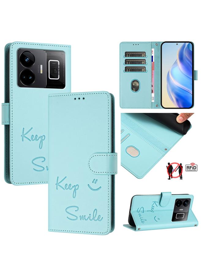 جراب هاتف جلدي بنقش ابتسامة بتقنية RFID لهاتف Realme GT3 5G / GT Neo 5 بقوة 240 واط (أخضر نعناعي)