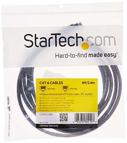 StarTech.com 8ft CAT6 Ethernet Cable - Black CAT 6 Gigabit Ethernet Wire -650MHz 100W PoE++ RJ45 UTP Molded Category 6 Network/Patch Cord w/Strain Relief/Fluke Tested UL/TIA Certified (C6PATCH8BK) - Image 4