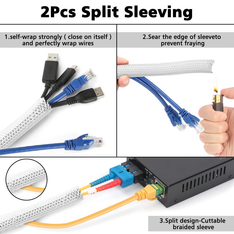 CHZHLI White Cable Management Organizer Kit, 2 Wire Sleeve Protector, 41 Self Adhesive Cable Clips Holder, 10pcs+2 Roll Reusable Cable Ties and 100 Cable Zip Ties for TV Computer Cord Tidy Under Desk - Image 2